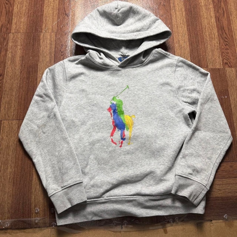 Polo Ralph Lauren Boy's Grey Big Pony Fleece Hoodie Youth Medium (10) FLAWS